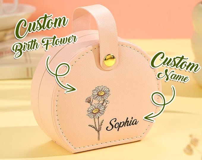 Birth Flower Jewelry Box - Personalized PU Leather Name Jewelry Box, Unique Birthday Gift for Her, Custom Flower Design