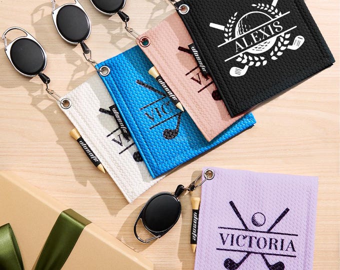 Golf Towel Personalized PU Leather Absorbent with Golf Tees & Retractable Clip - Perfect Gift for Golf Lovers