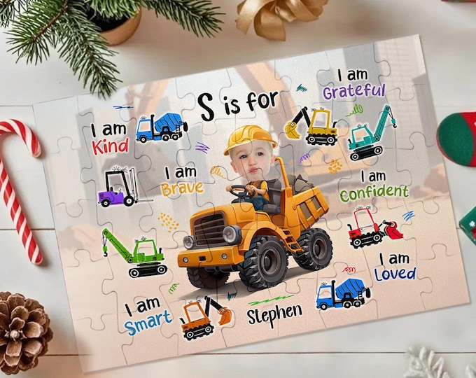 Truck Jigsaw Puzzle Personalized Photo Gift for Kids, Little Boy Construction Truck Toy, Custom Birthday & Holiday Present