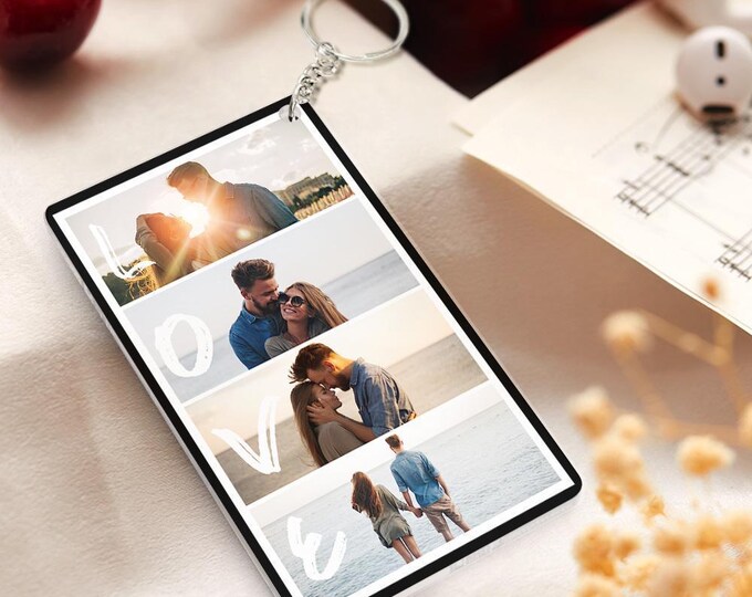 Four Photo Keychain Personalized Acrylic Custom Keychain with Text for Couples, Unique Gift Memorial Keepsake
