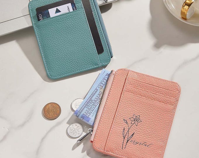 PU Leather Wallet Personalized Birth Flower with Name, 8 Card Slots, Birthday Gift for Her, Stylish & Durable Women's Wallet