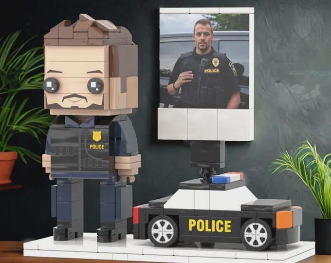 Police Brick Figure Custom Full Body Miniature with Photo – Personalized Police Theme Gift for Birthday & Father’s Day