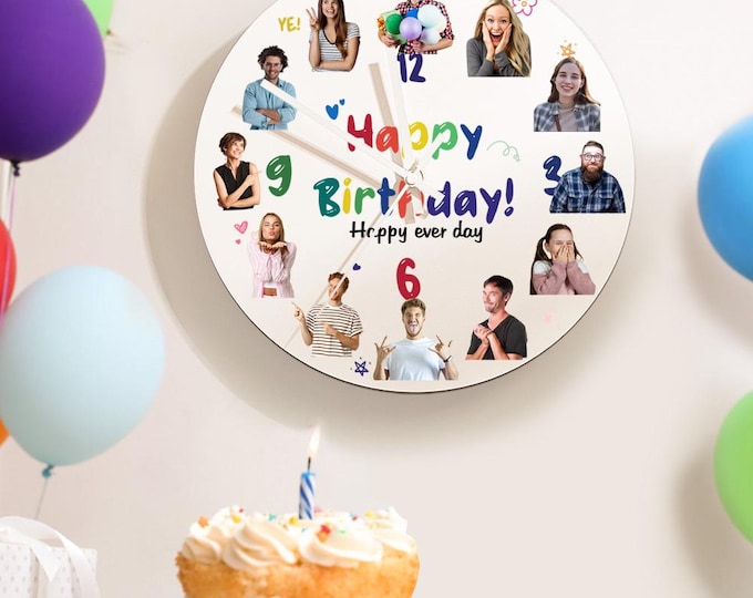 Round PVC Wall Clock Personalized Happy Birthday Gift with Custom Photo Engraving Unique Decorative Timepiece for Home or Office