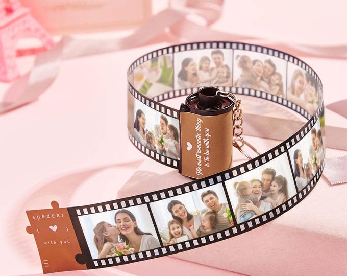 Romantic Roll Film Keychain Red Heart Custom Text Multiphoto Anniversary Gift for Lover Couples Valentine’s Day