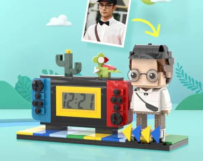 Custom Brick Figures Clock Personalized Brick Handheld Game Console Figures Clock Gifts for Him