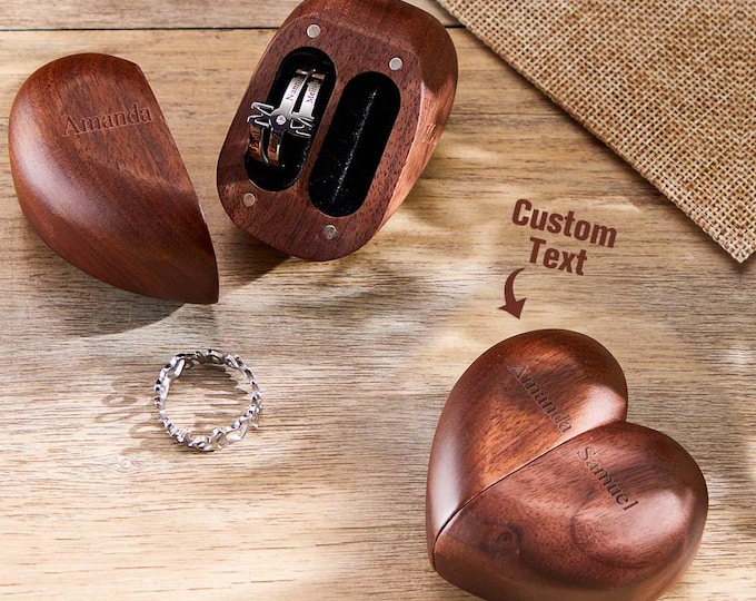 Engraved Ring Box - Personalized Heart-Shaped Wooden Double Rings Wedding Ring Holder - Unique Gift for Bride & Groom