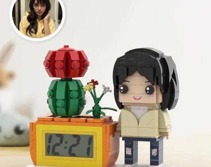 Gifts for Her Custom Brick Figures Clock Personalized Figures Potted Plant & Brick Clock