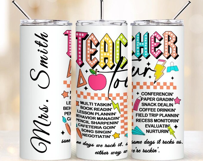 Skinny Tumbler 20oz Personalized with Straw - Back to School Teacher Appreciation Gift, Cute Custom Drinkware for Teachers