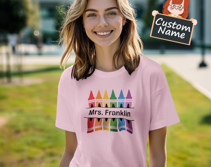 Crayon T-Shirt | Personalized Teacher Shirt, Custom Name Gift for Back to School, Fun Classroom Apparel