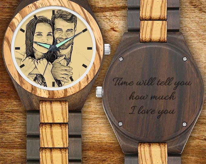 Wooden Photo Watch Men’s Engraved 45mm Wooden Strap Personalized Custom Gift Durable Eco-Friendly Timepiece