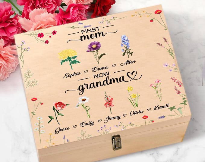 Keepsake Box Personalized for Grandma with Birth Month Flowers – First Mom Now Grandma Memory Gift Box