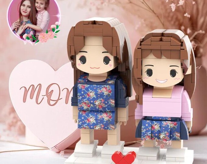 Brick Figures Customizable Daughter & Mother in Matching Blue Dress – Personalized Gift for Mom on Mother's Day