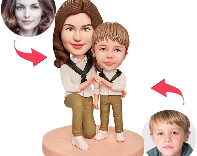Mom Son Bobblehead Custom Figurine with Heart Pose & Engraved Text - Personalized Mother and Son Gift, Unique Keepsake Mothers Day Gift