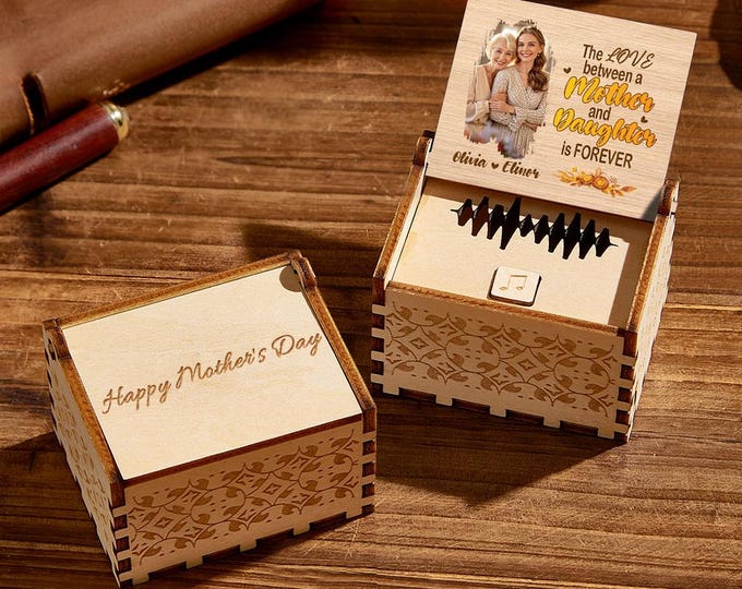 Photo Music Box Personalized Wooden Custom Mother & Daughter Gift with Engraved Photo Keepsake