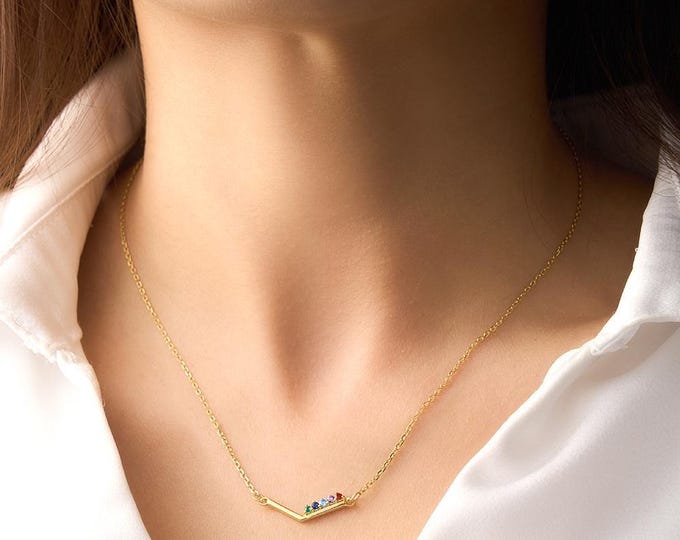 Birthstone Necklace - Personalized V Shaped Necklace, Anniversary & Birthday Gift for Her, Custom Jewelry, Unique Gift Idea