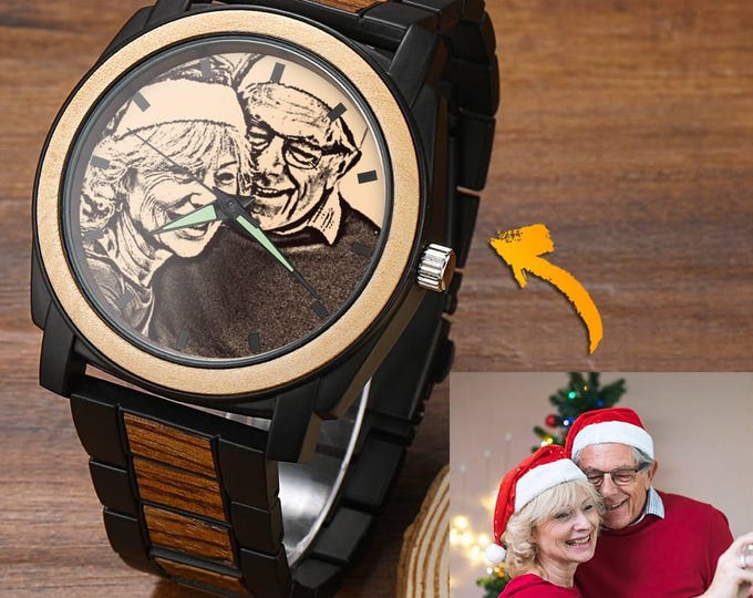 Watch With Wood Band Engraved Photo Watch 45mm Personalized Wood Strap Unique Gift for Men & Women