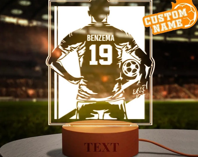 Soccer Night Light Personalized Gift for World Cup Fans with Round Wooden Base – Custom LED Football Lamp for Kids & Adults
