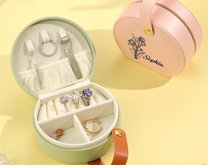 PU Leather Jewelry Box Personalized with Birth Flower Design & Name, Unique Jewelry Box Gift for Her, Elegant PU Leather Storage