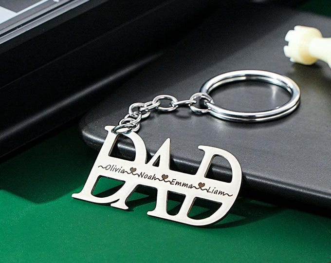 DAD Keychain - Custom Name Keychain for Dad, Gifts for Father, Personalized Up to 4 Names, Unique Father's Day Gift