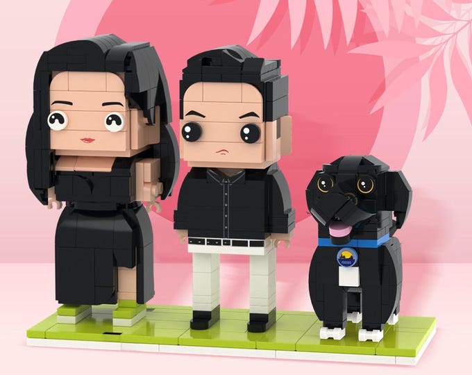 Figure with Dog: Customizable 2 People & Dog Brick Figures, Personalized Small Particle Block Toy, Unique Gift Idea