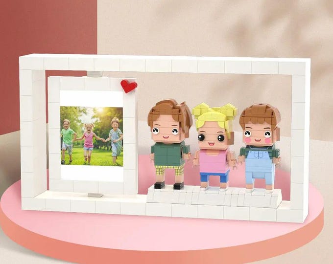 Growth Record Frame - Customizable Full Body Photo Frame for 3 People, Creative Brick Figures, Kids Milestone Keepsake