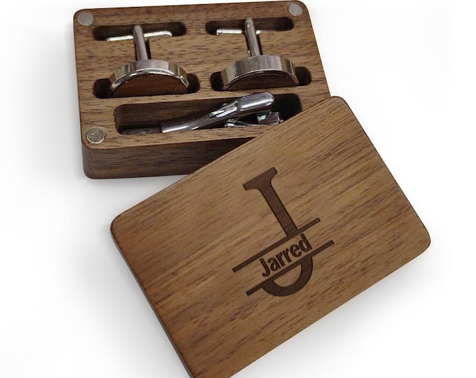 Cufflink Box Set - Personalized Wooden Cufflink Box with 2 Cufflinks & Tie Clip - Unique Wedding Gift for Him