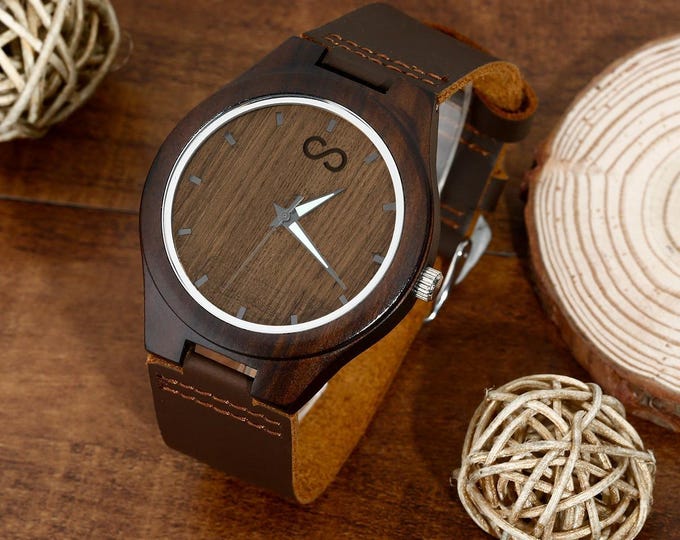Wooden Watch with Custom Engraved Face & Leather Strap 45mm Valentine’s Day Gift for Men Personalized Anniversary Present