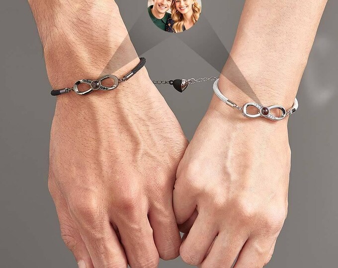 Couple Projection Bracelets | Custom Black & White Photo Jewelry Set | Personalized Matching Accessories for Him or Her