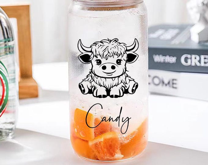 Cow Tumbler - Custom Highland  Clear Can Glass Gift for Highland Cow Lovers, Personalized Name Drinkware, Unique Farmhouse Decor