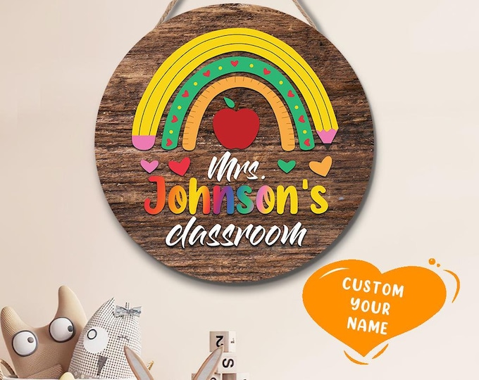 Teacher Name Sign Custom Door Plaque, Personalized Rainbow Gift, Classroom Decor, Back to School,Unique Teacher Appreciation Present
