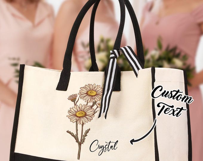 Canvas Tote Bag, Personalized Name with Birth Flower, Custom Floral Bag, Eco-Friendly Shopping Tote, Great Gift Idea
