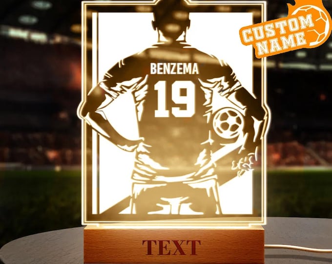 Soccer Night Light Personalized Gift for World Cup Fans, Wooden Base Rectangle LED Lamp, Custom Soccer Decor for Kids Room