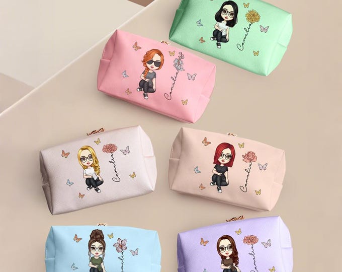 Cartoon Makeup Bag - Personalized Flower Cosmetic Bag, Custom Gift for Her, Cute Makeup Organizer for Women, Ideal Birthday Present