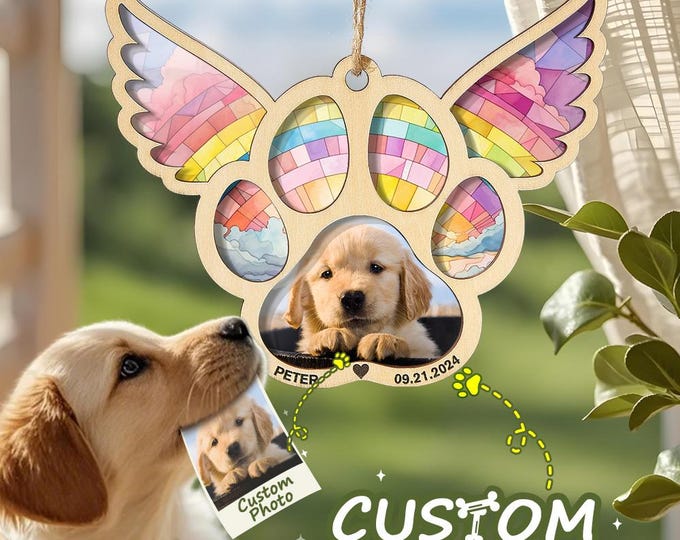 Pet Suncatcher Personalized Photo Paw Print Ornament Memorial Gift for Pet Lovers, Custom Keepsake Window Decor