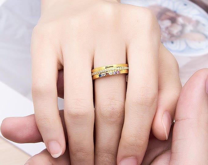 Birthstones Ring - Personalized Engraved Text Jewelry for Her, Unique Anniversary & Birthday Gift, Custom Birthstone Ring