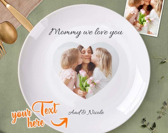 Photo Plate Ceramic Custom Mother's Day Gift with Name - Personalized White Dinner Plate Tableware Keepsake