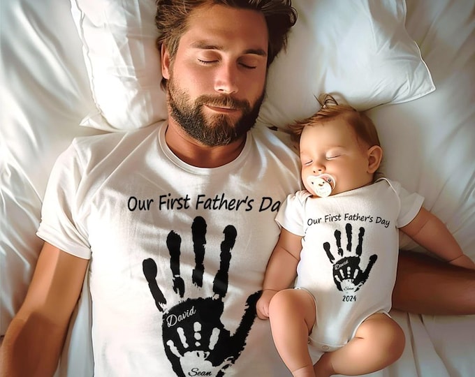 Handprint T-Shirt Personalized Our First Father’s Day Gift for Dad Custom Handprint Tee Keepsake Dad Family Matching Shirt