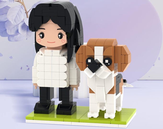 Figure With Dog: Customizable Cute Brick Figures, Personalized Pet Brick Toy for Kids & Dog Lovers, Full Body Small Block Set