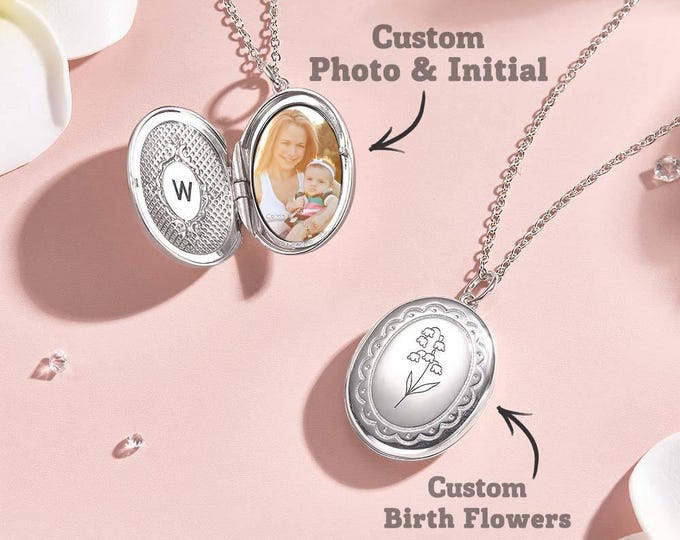 Birth Flower Locket - Personalized Photo Necklace, Floral Keepsake Pendant Gift for Her, Custom Jewelry for Mother's Day