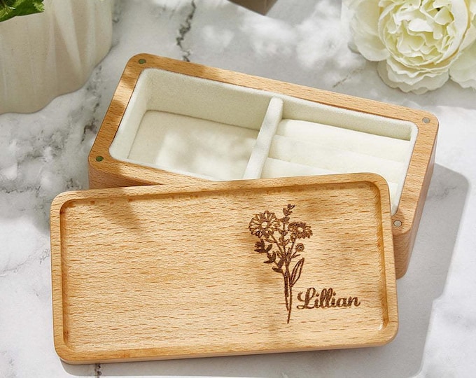 Personalized Birth Flower Jewelry Box | Custom Name Wood Organizer Gift for Her | Unique Keepsake & Floral Design Storage