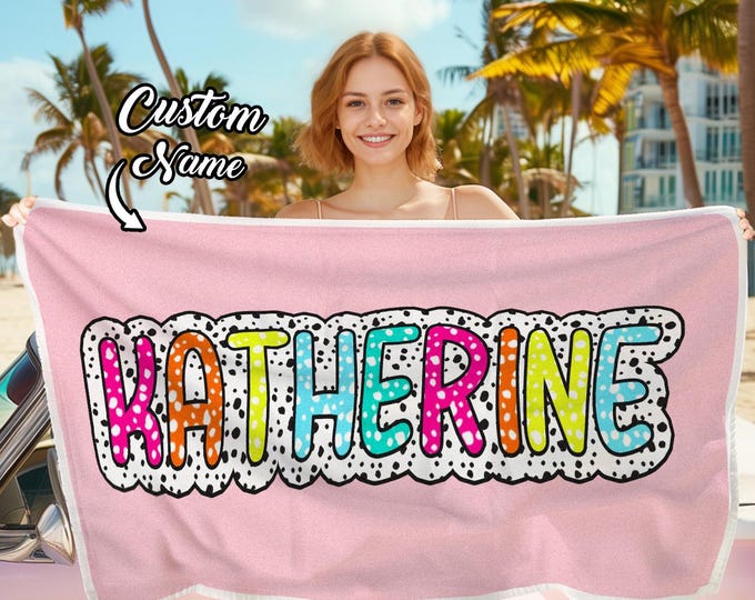 Beach Towel - Personalized Dalmatian Dots with Rainbow Name, Summer Vacation Gift for Bridesmaids & Friends