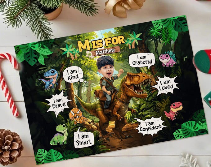 Dinosaur Puzzle Personalized Photo Jigsaw Puzzle for Kids - Little Boy Riding Dinosaur Gift Toy