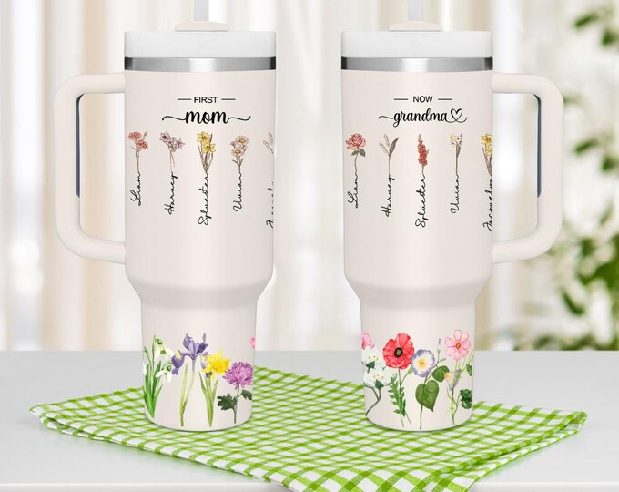 Grandma 40oz Tumbler Personalized First Mom Now Grandma Gift with Straw – Birthday Present for Grandma, Insulated Travel Cup
