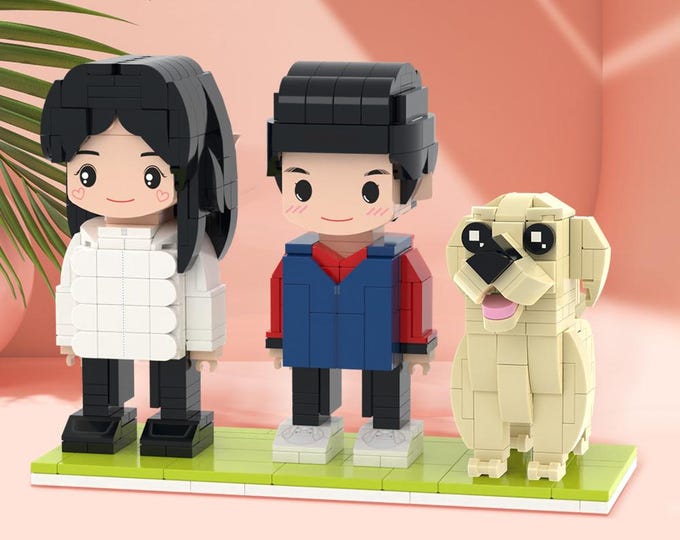 Figures with Dog - Customizable 2 People Cute Brick Figures, Personalized Block Toy with Dog, Perfect Gift for Pet Lovers