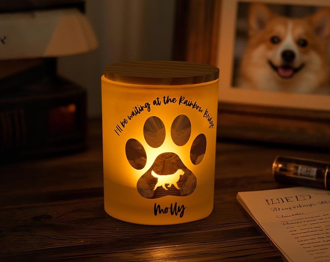 Paw Candle Jar Personalized Dog Silhouette Rainbow Bridge LED Memorial Gift for Pet Lovers