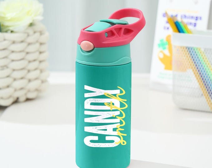 Personalized Name 12oz Water Bottle with Silicone Straw Water Bottle Birthday Gift for Kids