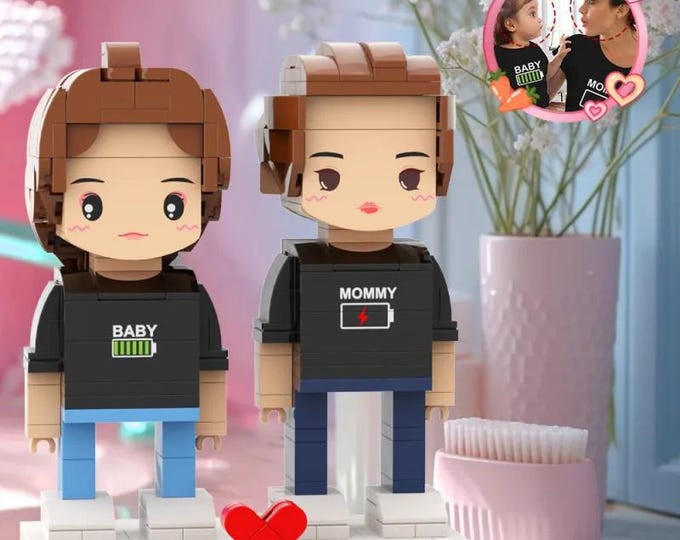 Brick Figures Custom Personalized Matching Shirt for Mommy & Kids Mother’s Day Gift Battery Low Head 2 People Toy