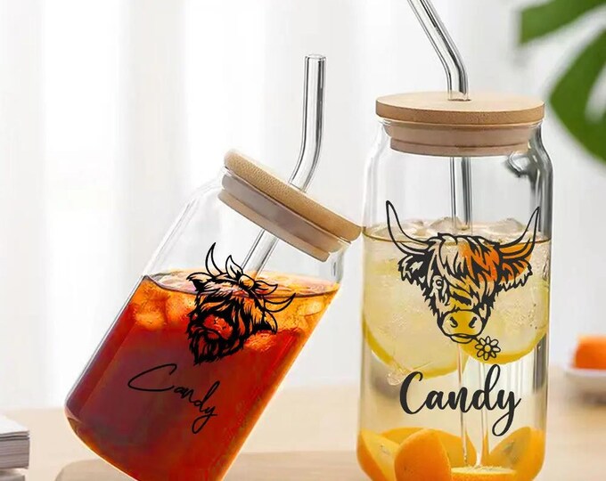 Highland Cow Tumbler | Personalized Clear Can Glass Gift for Highland Cow Lovers, Eco-Friendly, Custom Name Design