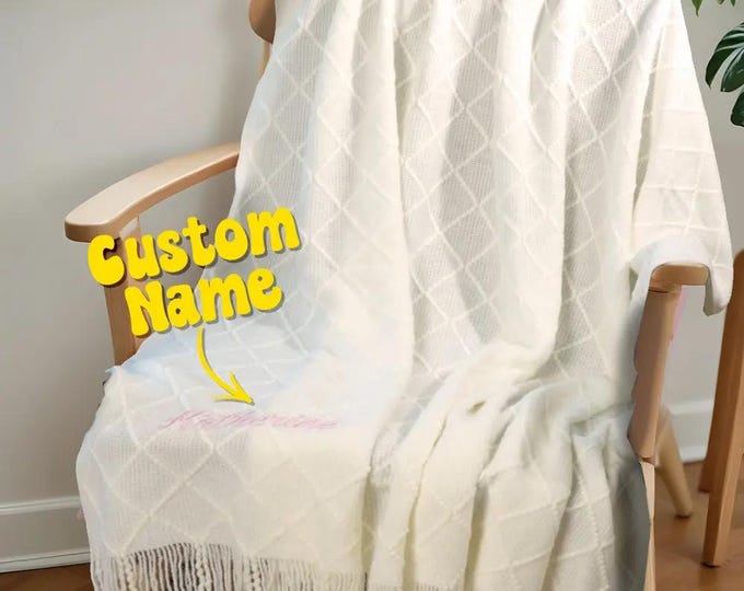 Tassel Name Blanket - Personalized Embroidered Name Throw Blanket, Custom Baby Gift, Cozy Home Decor, Unique Nursery Accent