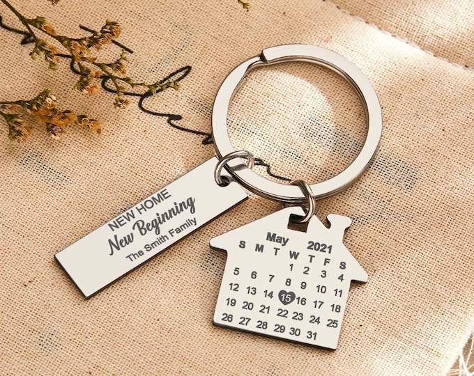 Calendar Keychain Personalized New Home Gift for Friends, Beginning New Memories, Custom Date Keepsake Keyring